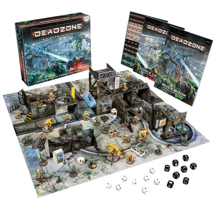 Deazone 3rd starter set. Showing box, mat miniatures, dice and scenery.